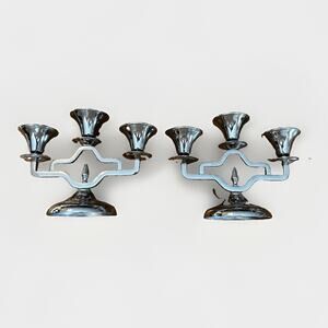 Vintage Farberware New York Chrome 3-Arm Candelabra Pair Of 2 Art Deco MCM 7.5"
